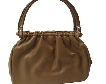 Vintage 50s-60s Top-Handle Handbag Satchel Kiss-Lock Frame Soft Vinyl Ruffle Pouches 12x9 Everyday Urban Street Chic Casual Khaki Olive