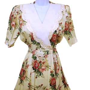 Vintage 80er Jahre Expo Made in USA Florales Präriekleid Oma Spitzenkragen Damen-M (8/10) Puffärmel, Schulterpolster, Wickelknöpfe
