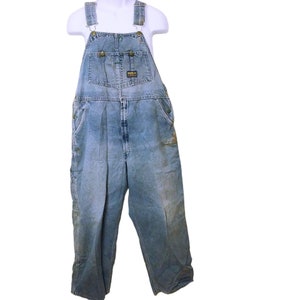 Vintage 60s-70s Osh Kosh B&#39;Gosh Denim Overalls Men&#39;s-40x28 Sanforized Vestbak USA-Union Green Enamel Buttons Rescued Barn Find Distressed