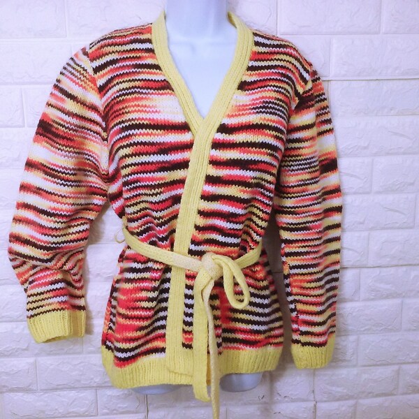 Vintage 70s Quality Handmade Open-Front Cardigan Sweater Lady-Large Belted Mod Retro Boho Variegated Orange Brown Yellow