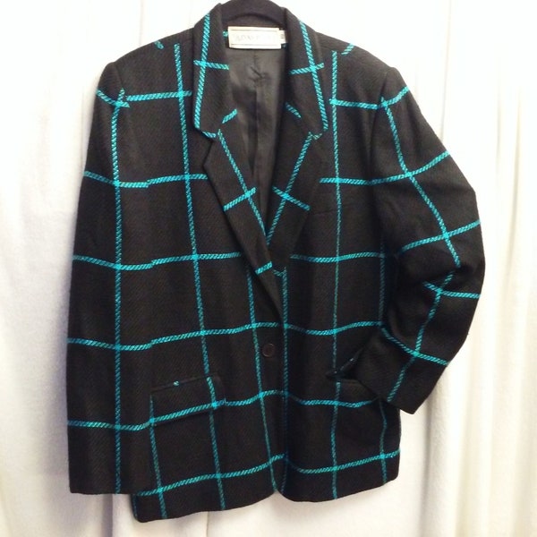 Vintage 80s Evan Picone Silk Blazer USA-Made Garment Union Tag Ladies-10(M) Pockets Tailored Window Pane Check Stripe Black Turquoise