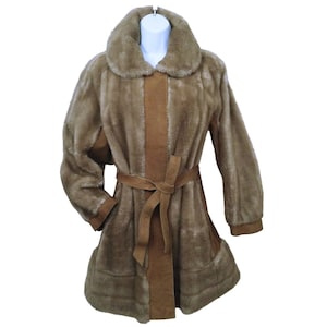 Vintage 60s-70s Lilli Ann UK-Made Suede Leather Faux-Furry Wrap Coat Lady-Large(14) Pockets Tie-Belt Tan Winter Evening Special Occasion
