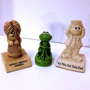 Sillisculpt Collectible Comic Kitsch Sentiment Desk Statues | 1972 Greatest Grandma | 1975 Try this Dad | 1977 Kiss me I&#39;m Horny Toad