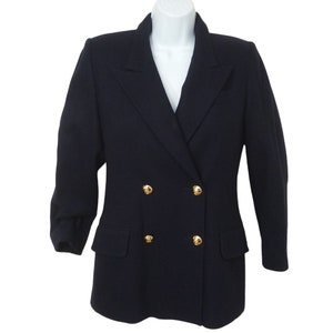 Vintage 90s Oleg Cassini Petite Double-Breast Blazer Wool Suitcoat Lady-4P Pockets Metal-Buttons Chic Classic Career Preppy Nautical Navy