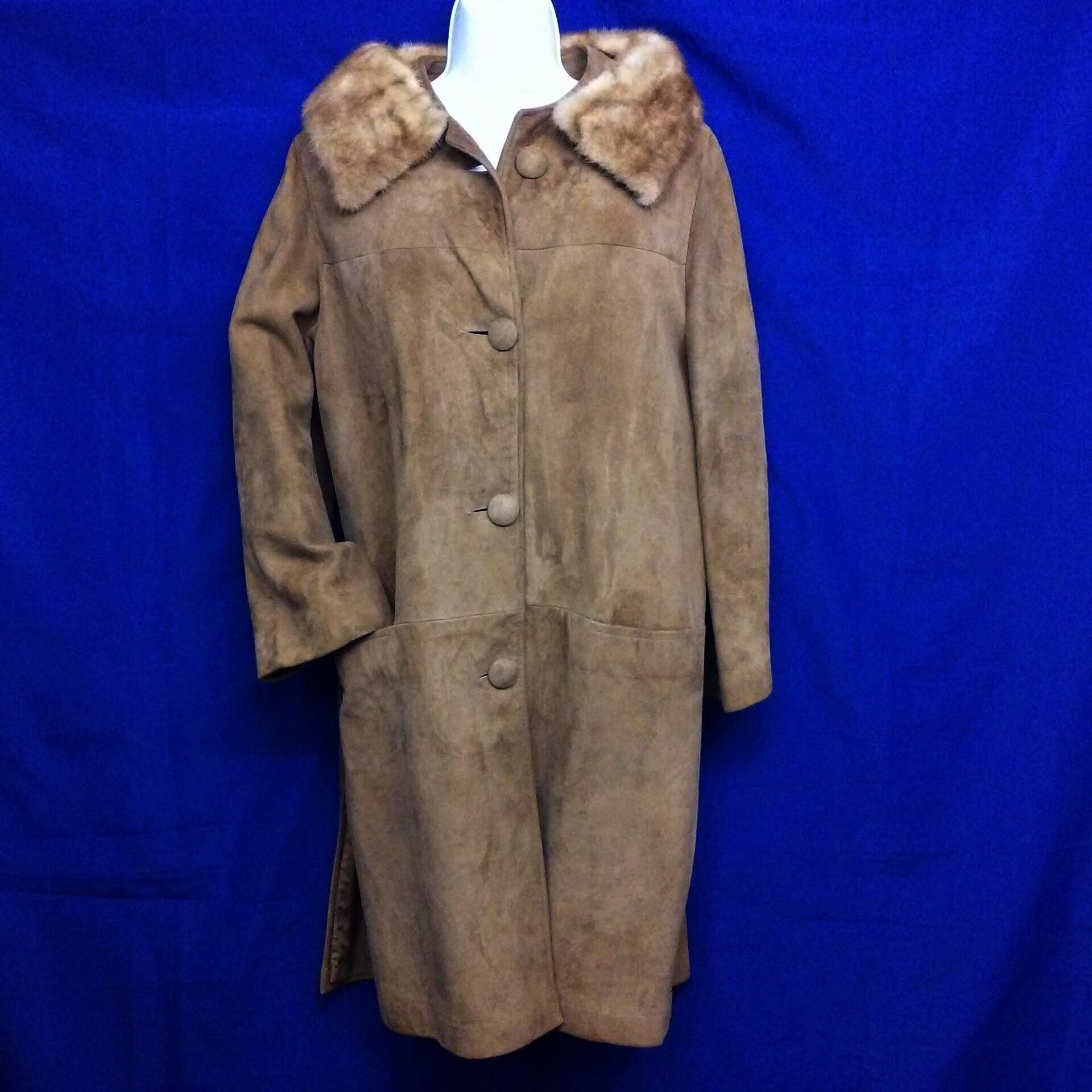 Vintage 50s-60s Suede Leather Coat Glamour Fur Collar Ladies Large