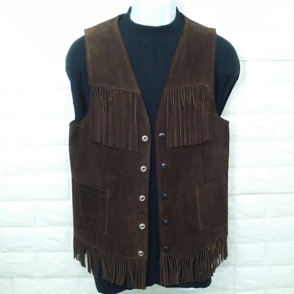 Vintage 60s-70s Joo-Kay Fashions In Leather Suede Vest Fringe Lady-38(S/M-6/8) Pockets Snaps Americana Rustic Western Cowgirl Urban Street