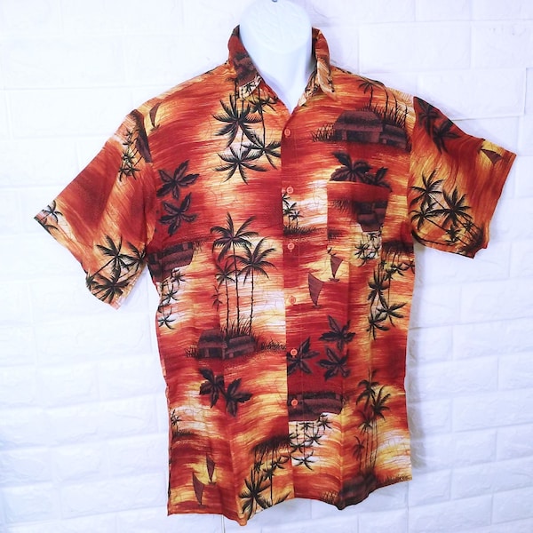 Vintage 80s-90s Robinson's Red Bag Aloha Shirt Mens-Medium Pocket Short Sleeve Vents Tropical Palm Tiki Hut Copper Black Yellow