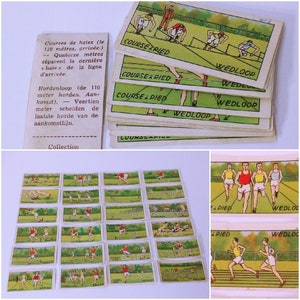 Cartoline pubblicitarie vintage anni '20-'30 / Set di 24 percorsi di cioccolato belga Jacques Wedloop a ostacoli da corsa colorati su entrambi i lati