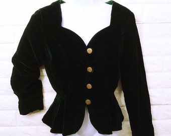 Vintage 80s-90s Hunter Green Velvet Jacket Ruffle Peplum Lady-L(12) Sweetheart Buttons-Up Fitted Lined Steampunk Cosplay Victorian Edwardian