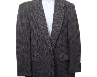 Vintage 70s John Henry Pure Wool Blazer Herringbone Tweed Sport Coat Men-42R Wide Lapel 2-Button Vent Grey Country Gentlemen Squire Career