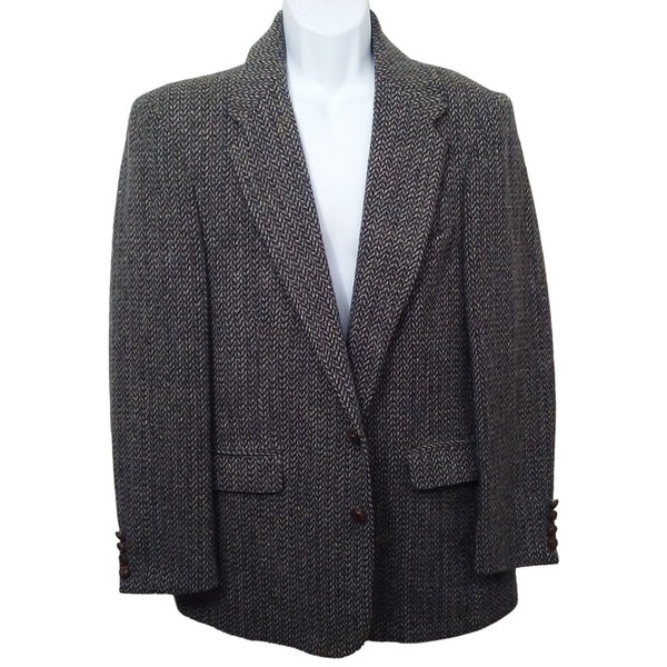 Vintage 70s John Henry Pure Wool Blazer Herringbone Tweed Sport Coat Men-42R Wide Lapel 2-Button Vent Grey Country Gentlemen Squire Career