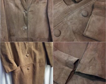 Vintage 50s-60s Suede Leather Coat Glamour Fur Collar Ladies Large
