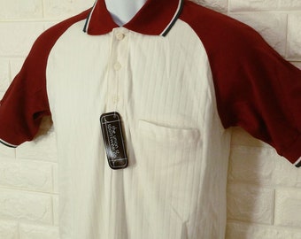 Deadstock NOS NewTags NWT Vintage 70-80s Union St Sportswear Rib-Knit Polo Top Men-M Sporty Raglan Short Sleeve Two-Tone Maroon Cream