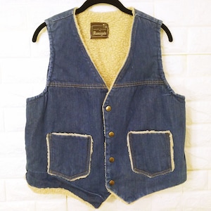 Vintage 70s Ramsgate Sherpa-Lined Denim Chaleco Unisex Hombres-M Snaps Bolsillos Ropa Exterior Utilidad Invierno Trucker Ranch Western Workwear
