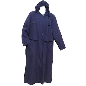 May include: A long, navy blue hooded raincoat with a button closure and pockets.