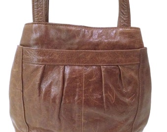 Vintage 80s-90s Mexican-Made Leather Handbag Heavy Duty Hobo Shoulder Tote Purse 9x11 Zippers Pouches Pockets Rustic Western Brown Patina