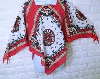 Vintage 70s-80s Hav-A-Hank Union-Made Southwestern Aztec Bandana Top Scarf Blouse S/M Angel Batwing Sleeves Country Western Retro Boho