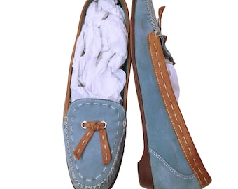 Cole Haan Blue Suede Shoe Flats Loafer Women-9.5B Bow Tassel Leather Cross-Stitched Moccasin-Toe Slip-On Two-Tone Blue/Tan Preppy Coastal