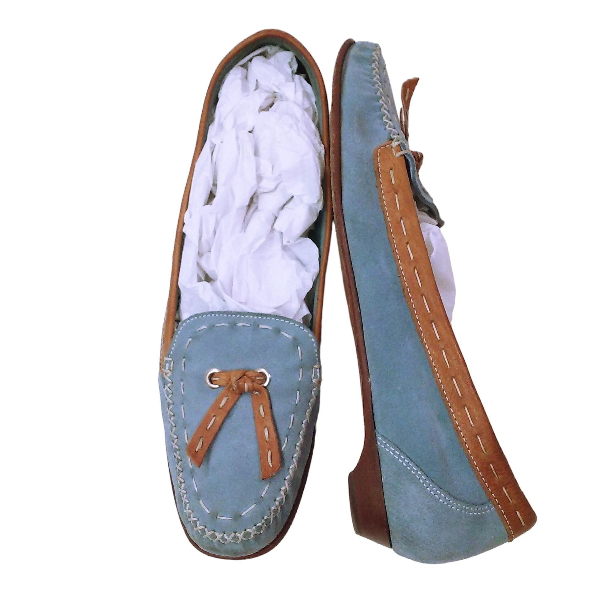 Cole Haan Blue Suede Shoe Flats Loafer Women 9.5b Bow Tassel Leather Cross stitched Moccasin toe Slip on Two tone Blue tan Preppy Coastal Etsy Ireland