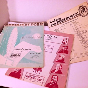 Lot of 3 Ephemera Sheet Music for Piano Belwin &#39;58 Schirmer &#39;37 | Coppelia Leo Delibes - Moonlight Poem Fibich - Beethoven Albumblatt