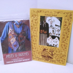 May include: Two craft patterns for a vest and jacket. The vest pattern is called "Pieces & Patches" and features a patchwork design with hearts and buttons. The jacket pattern is called "Folkart Jacket" and features a yellow background with a design of two figures holding pineapples and the words "Kindred Spirits".