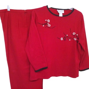 Vintage 90er Jahre Pendleton 2-teiliges Set, getrennt für Damen, Größe L (12), Strickwaren, Seiden-Crew-Top, lange Ärmel, feine Webart, Hose aus Schurwolle, gefüttert, Gänseblümchen-Himbeere