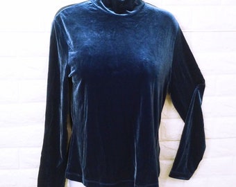 Vintage 90s Deadstock NewTags Land's End Hong Kong-Made Velour Velveteen Mock Turtleneck Knit Top Lady-M Shimmery Shiny Sapphire Blue