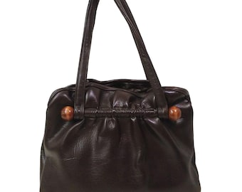 Vintage 60s Top-Handle Handbag Framed Vegan Vinyl Ruffle Wood-Rod 12x10 Brown