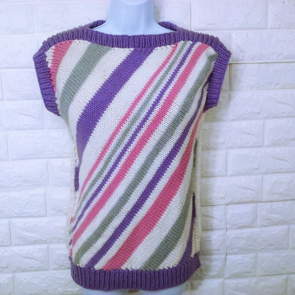 Vintage 80s Quality Handmade Sweater Vest Knit Top Lady-S(6) Diagonal Striped Boatneck Cap-Short Sleeve Colorful Festival Circus Preppy