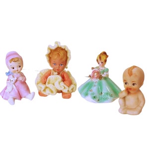 Lot von 4 Vintage Puppenfiguren – Josef Originals June mit Perle – Lefton es KW3120 Porzellan Japan – Kewpie Bisque – UD Co Plastic Baby 1969