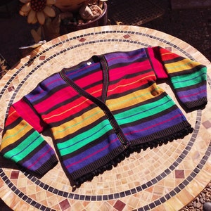Vintage 80s Babette & Partners V-neck Cardigan Ladies Oversize Small Pom-Pom Fringe Boxy Cropped Bold Bright LGBTQ Rainbow Striped Cotton