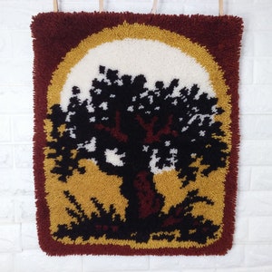 Latch Hook Rug Vintage 70s Quality Handmade Handcrafted Oak Tree Scene Completed Finished Retro Wall Hanging Nostalgic Kitsch Home Decor