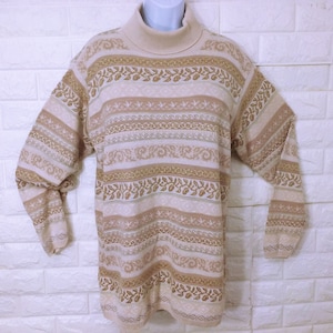 Vintage 80s LizSport USA-Made Gold Metallic Turtleneck Tunic Fair Isle Sweater Ladies-Medium Soft Cotton Blend Preppy Cottage Cozy Glam