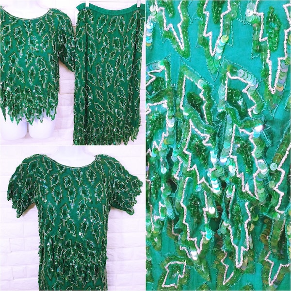 Vintage 80s Scala 2-pc Set Blouse Skirt Ladies-M(6/8) Gatsby Flapper Glam Silk Heavily Sequined Beaded Leafy Layers Shimmer Sparkle Teal