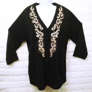 Vintage 80s Carol Little Hong Kong-Made Beaded Cardigan V-neck Sweater Lady Plus-1X(18) Evening Embellished Metallic Glam Party Gold Black