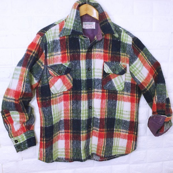 Vintage 70s Directions 80s Made in Hong Kong Plaid Shacket Over-Shirt Jacket Men's-Large Big Wing Collar Anchor Buttons Pockets