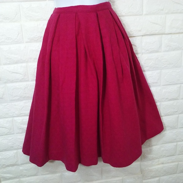 Vintage 50s-60s Quality Handmade Hot Pink Box-Pleat Full-Circle Skirt Lady-Xs/S(2/4) Textured Check Boucle Wool Metal-Zip