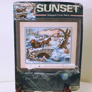 Vintage Sunset 13108 &#39;Wintry Ride&#39; Stamped Cross Stitch Kit DIY Project Opened Complete Unused Winter Sleigh Landscape
