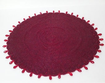 Antique 1900s Handcrafted Glass Beaded Doily 15" Round Table Decor Faceted Drop Crystals Beads Embellished Red Maroon