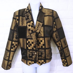 Vintage 80s eXpose USA-Made Checked Chenille Jacket Short/Crop Blazer Novelty Coat Lady-L Shawl Lapel Motif Tapestry Metallic Gold Black