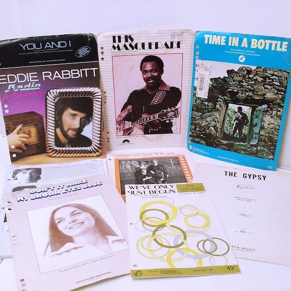 Bundle Lot von 8 Vintage '46+70s-80er Noten Jim Croce Eddie Rabbit Crystal Gayle Andrew LLoyd Weber Bacarach Regentropfen Zeitgenössisch Pop