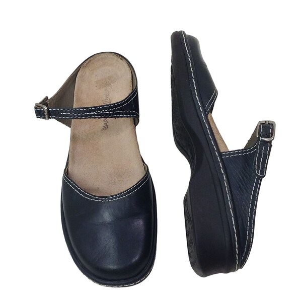 Norm Thompson Mary Jane Slide Comfort Sandal Shoe Women-5.5M Strappy Buckle Navy Leather Suede Rubber Sole Preppy Career Casual Urban Coast