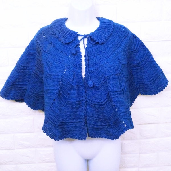 Vintage 50s-60s Handmade Crochet Capelet Collared Shawl Scalloped-edge Bed-Jacket Pom-Pom Tie-Close Royal Blue Cozy Cottage Prairie