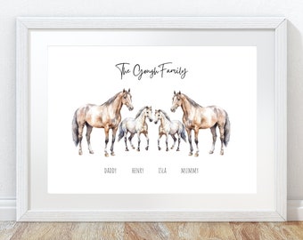 Horse family names print, horse print with family names, personalised horse family print, horse gift, horse gift for mum, horse family print