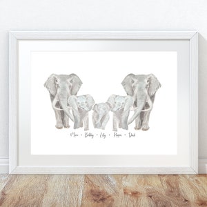 ELEPHANT FAMILY PRINT - personalised family print - elephant painting - letterbox gift for mum - family names sign - custom elephant gift