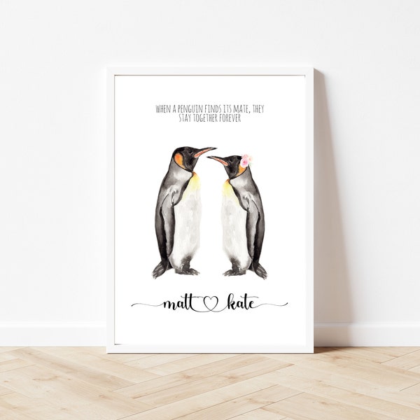 Wedding Gift, Penguin wedding print, penguin anniversary gift, penguin valentines gift, personalised couples print, anniversary gift