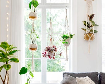 Macrame Plant Hangers Set of 4 Indoor Wall Hanging Planter Basket Decorative Flower Pot Holder with 4 Hooks for Indoor Outdoor Home Decor