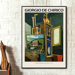 Cartel de la exposición de Giorgio De Chirico- Gran interior metafísico 1917 -Arte surrealista- Lienzo decorativo para pared, pintura, regalos para amantes del arte