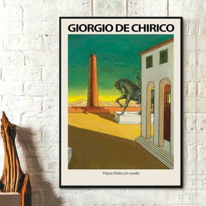 Póster de exposición de Giorgio De Chirico - Piazza d_Italia con cavallo - Arte surrealista - Póster artístico de pared en lienzo, regalos de pintura para amantes del arte
