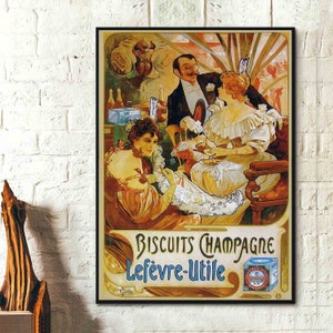 May include: Vintage advertisement for Lefèvre-Utile Champagne Biscuits featuring a group of people in a formal setting. The image is in a warm color palette with a gold background and features a woman in a white dress and a man in a tuxedo.